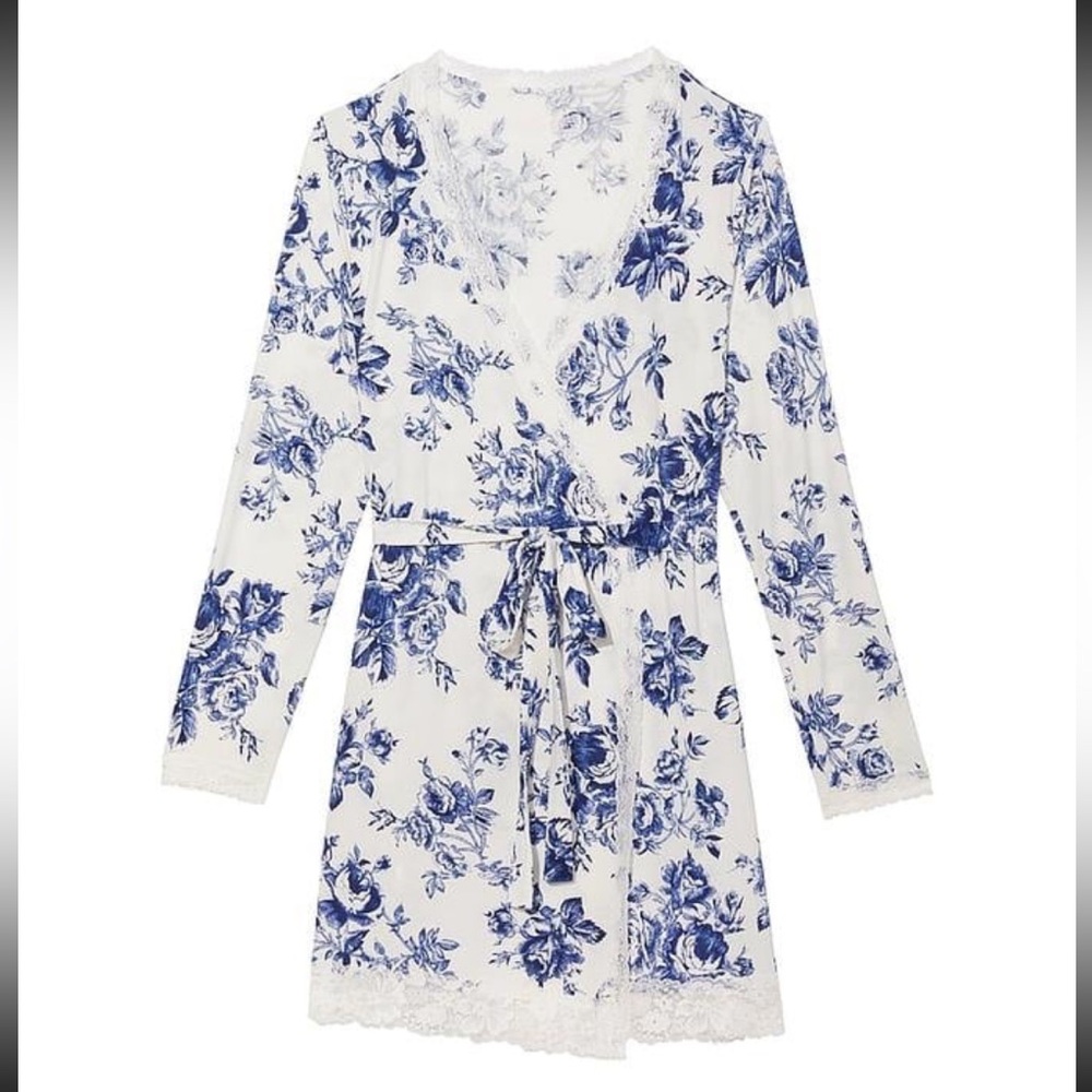 Victoria's Secret Soft Lace Trim Kimono Wrap Blue Floral Toile Modal